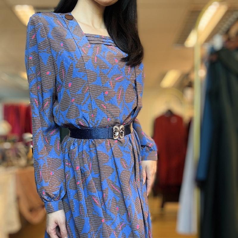 Vintage Japanese Royal Blue Leafy Pattern Day Dress (PP001-19)