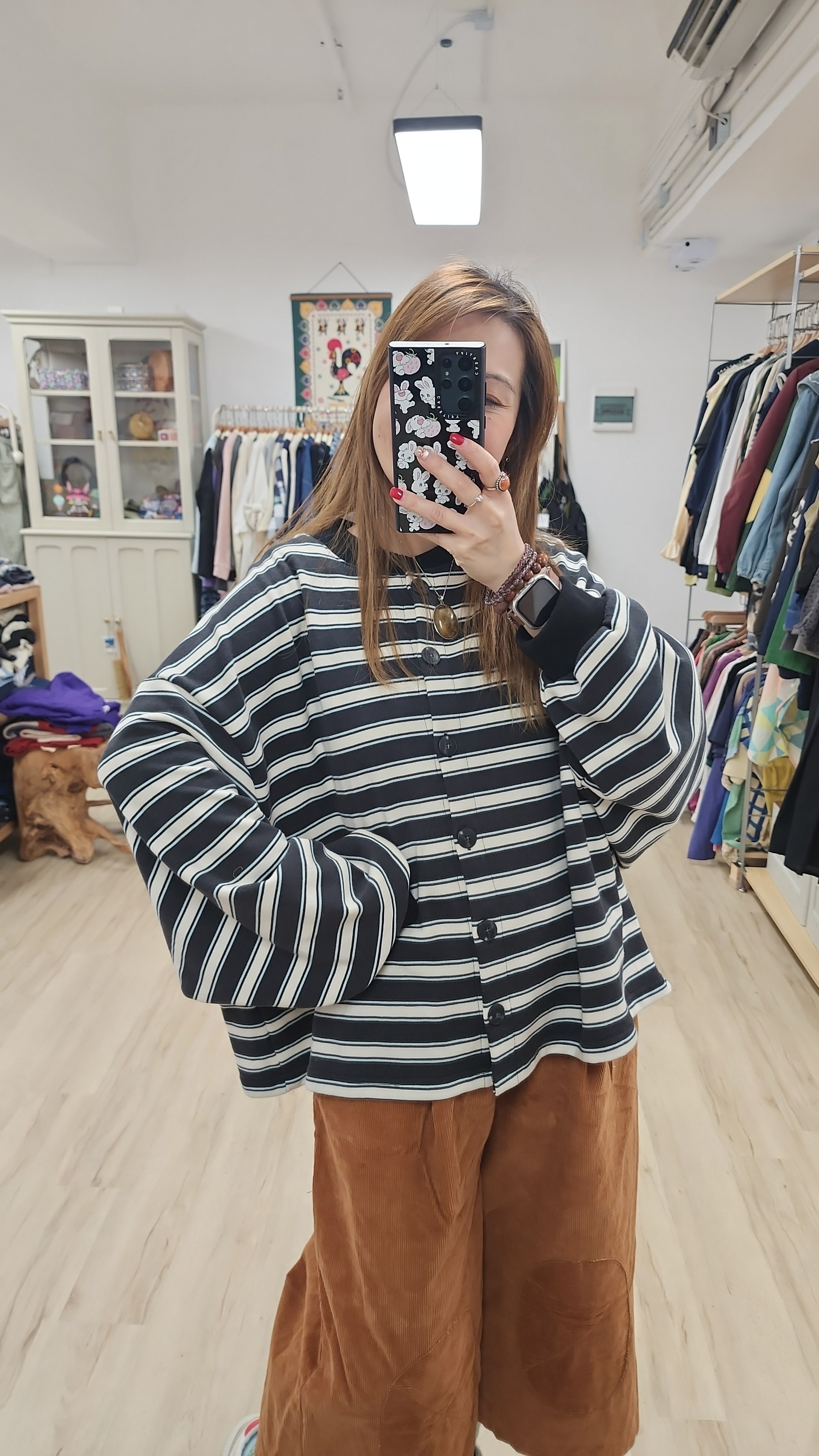 韓國炭灰米白橫間闊棉外套