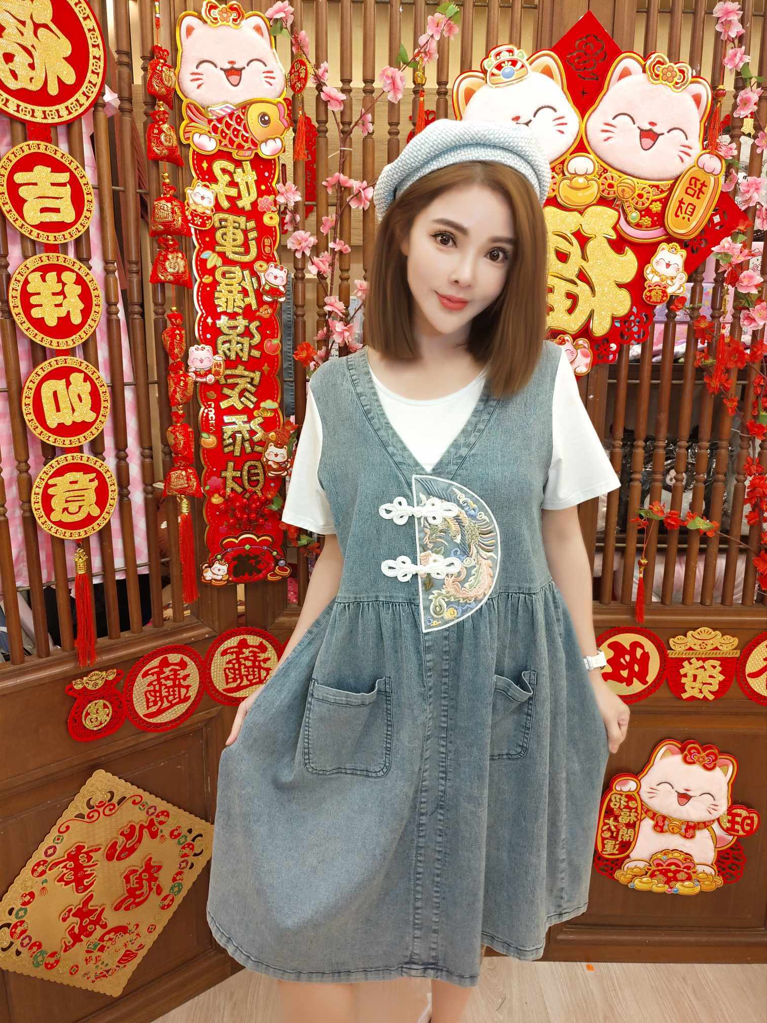 TW#5835 假两件中国风牛仔连身裙