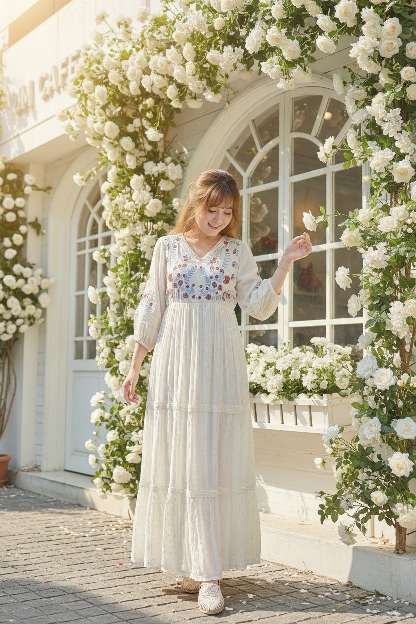 2113 Pure White V  Neck Floral Emb OP 53"