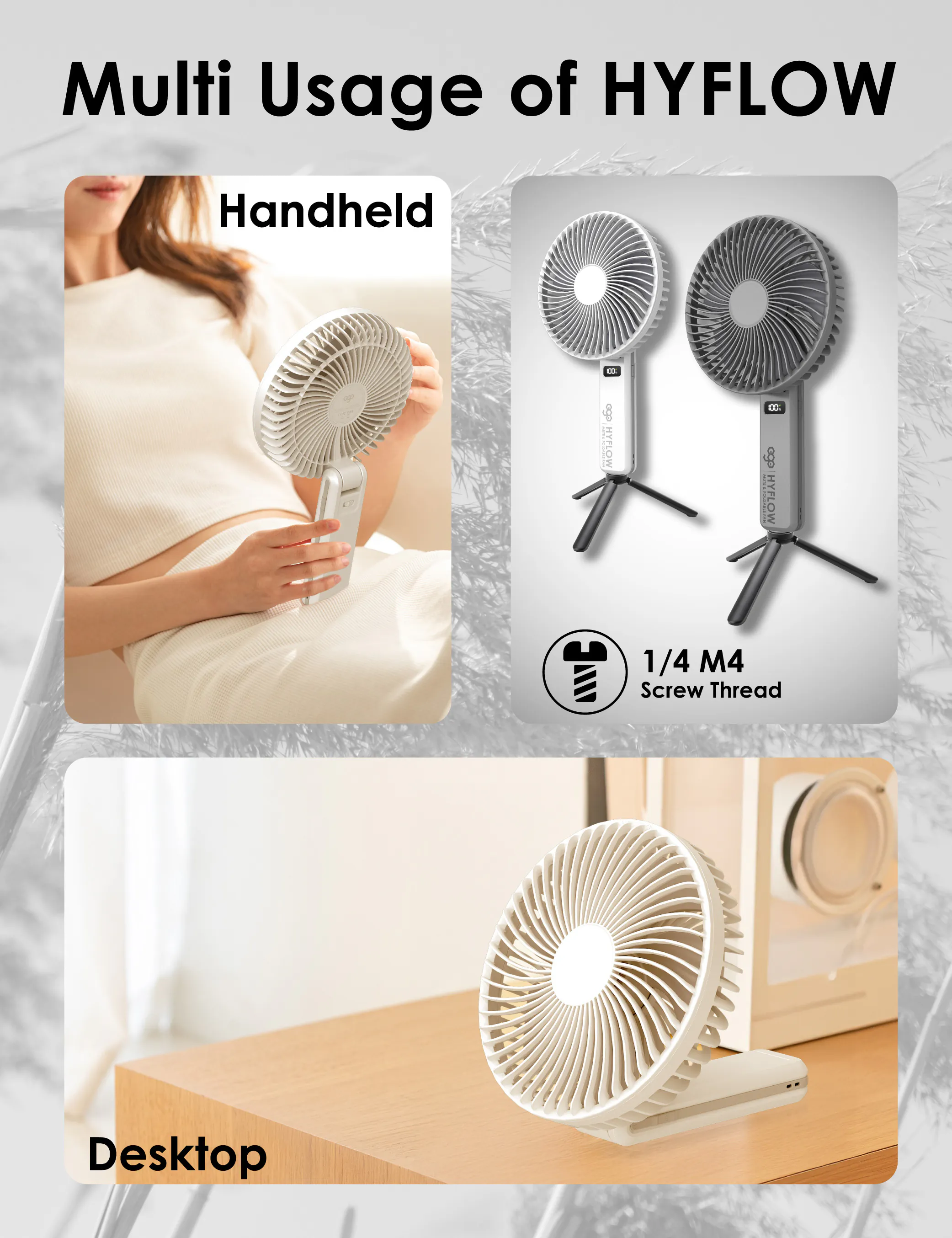 ego - HyFlow 16CM&摺疊風扇 充電式無線便攜風扇｜手提風扇 | LED顯示 | 35分貝靜音 | 180度角度調較