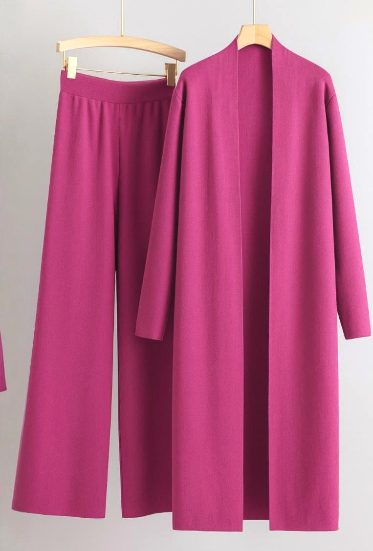 Long Knitted Open Front Cardigan and Sleek Pants