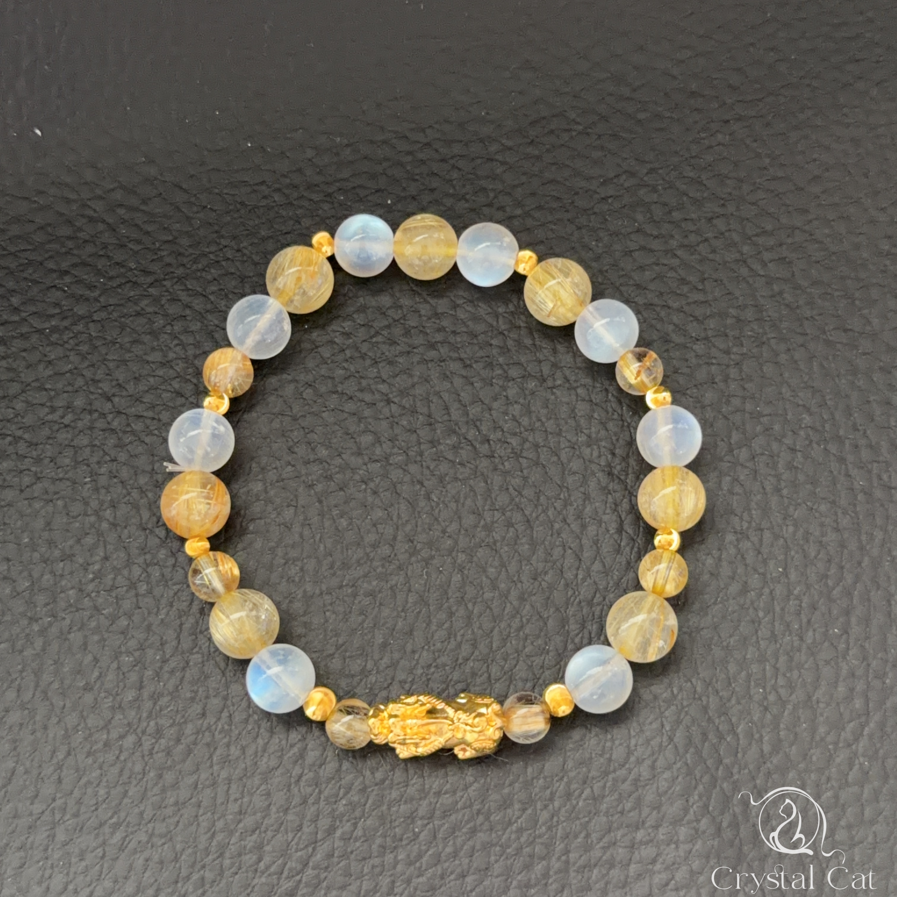 999硬金貔貅+硬金金珠襯金髮晶&月亮石手串