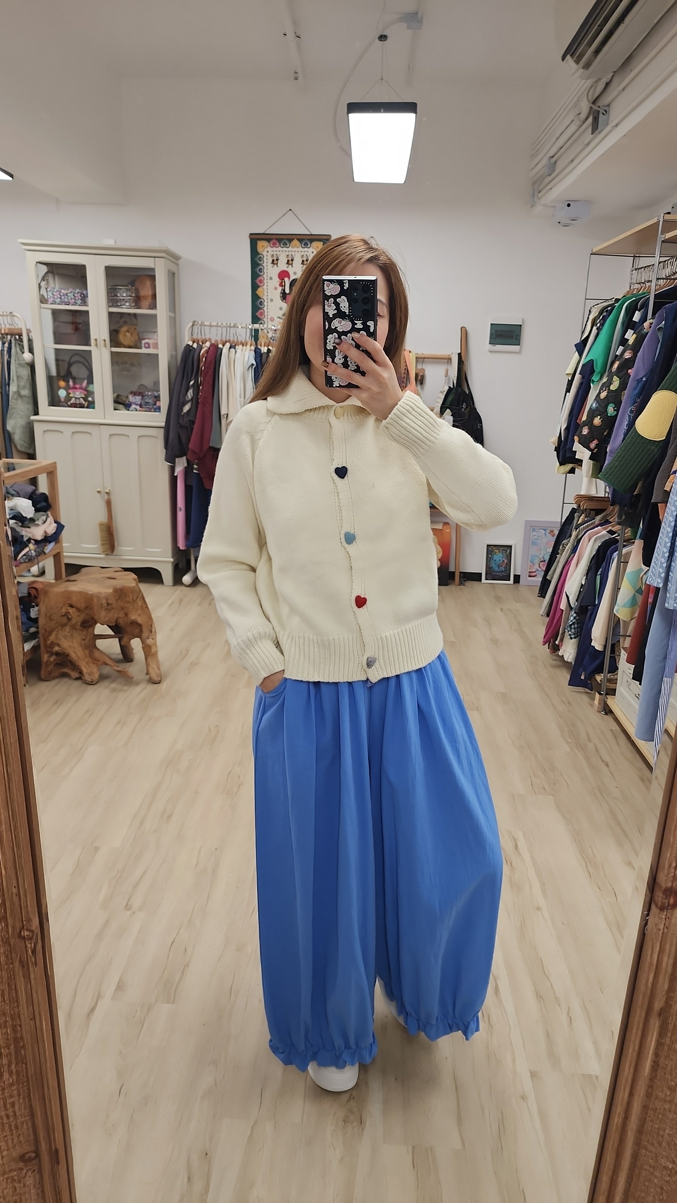 韓國米白拼彩心心紐針織開胸外套