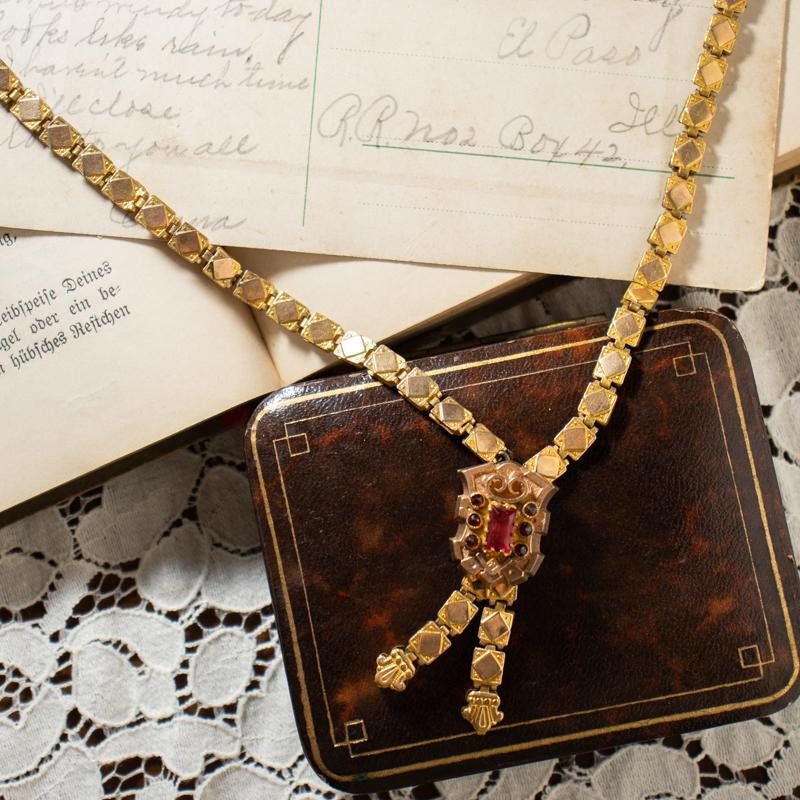 Antique Victorian Ruby Glass Book Chain Short Lariat Necklace (CA302)
