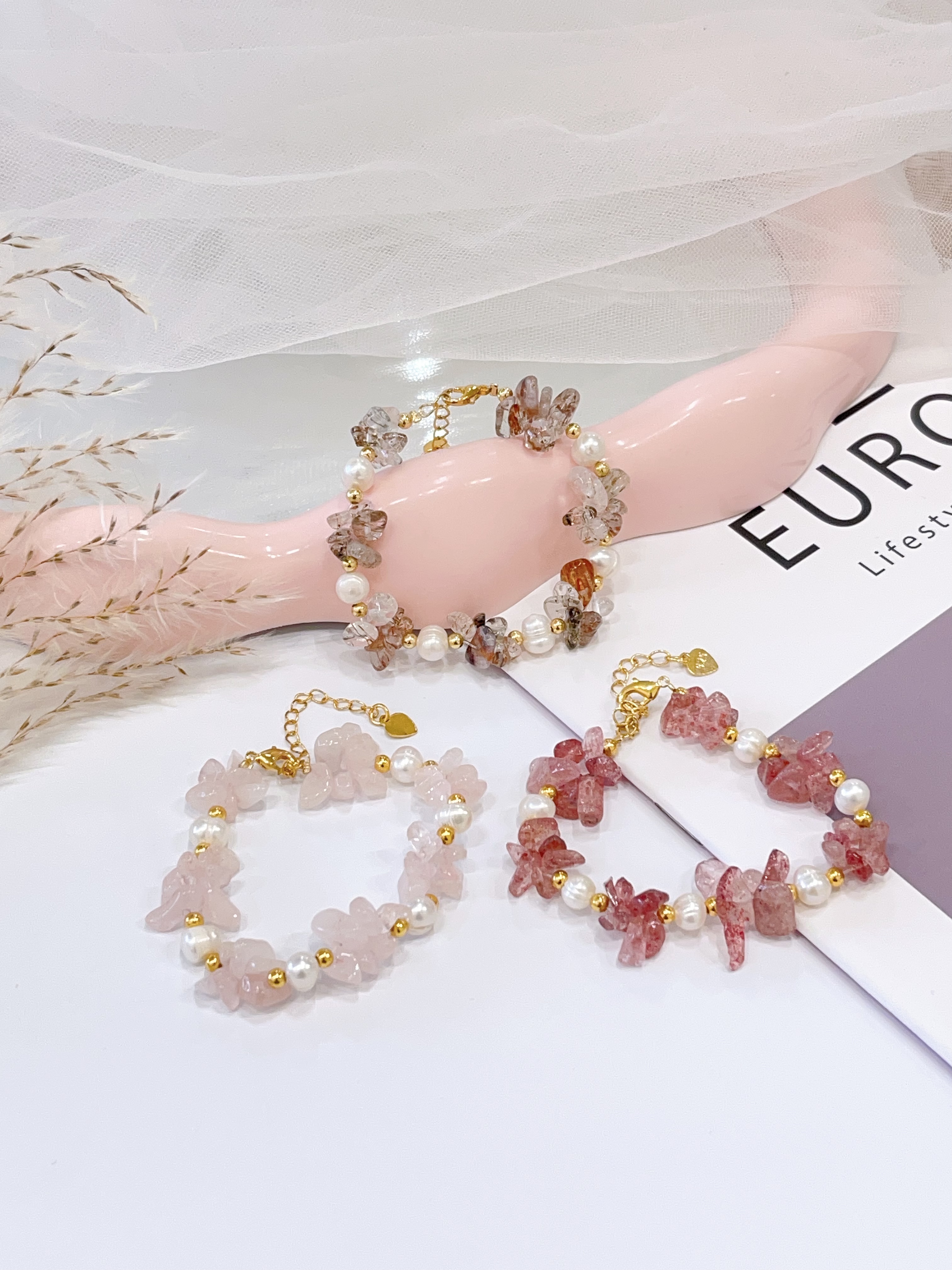 🌈 彩发晶多宝碎石 × 粉水晶碎石 × 草莓晶碎石 × 珍珠手串 Multicolor Rutilated Quartz Chips, Rose Quartz Chips, Strawberry Quartz Chips & Pearl