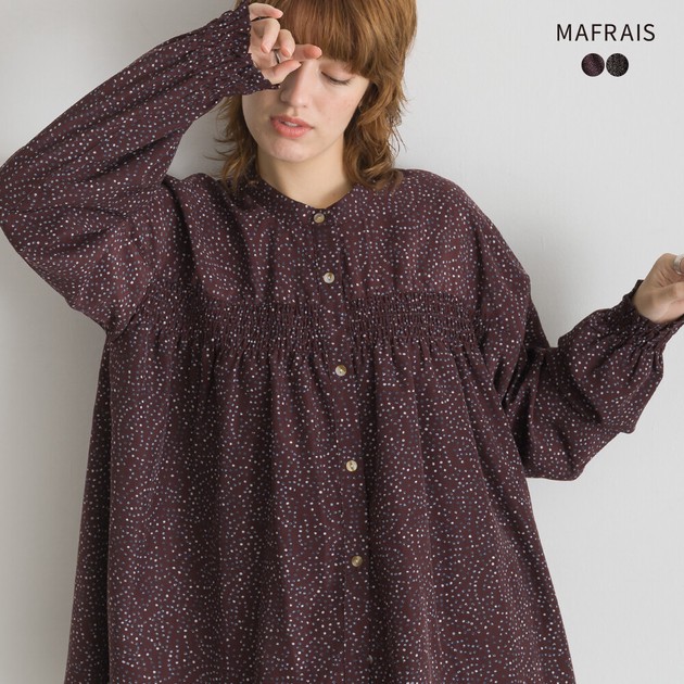 MAFRAIS 縮褶點點長袖洋裝