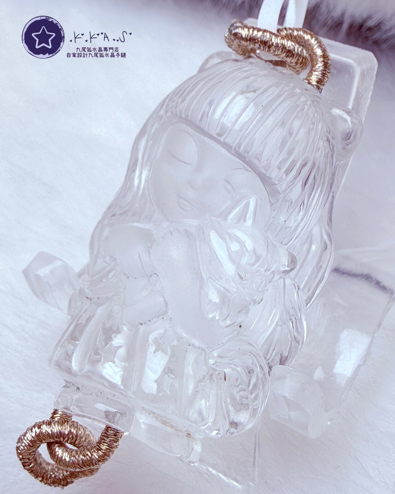 K00035 白水晶雙狐 - 吊墜/手牌兩用款(上下孔)