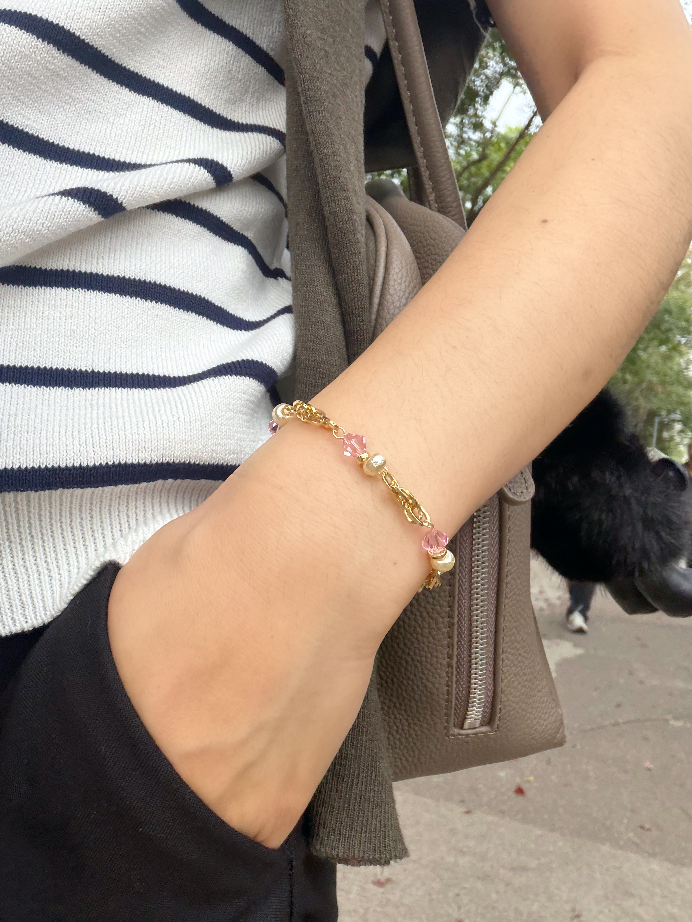 復古款水晶手鍊/櫻花粉紅x金色