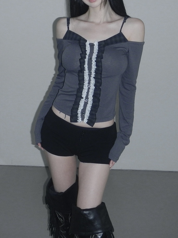 Contrast Lace Ruffle Off-Shoulder Top