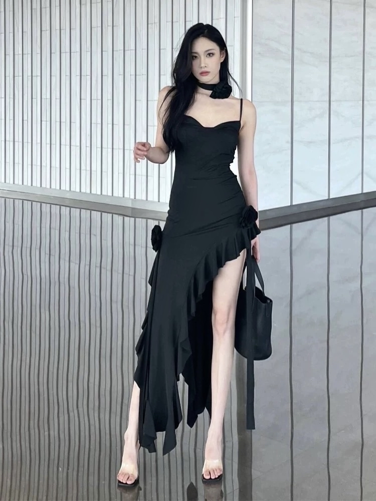 法式设计感荷叶边吊带御姐性感收腰不规则长裙