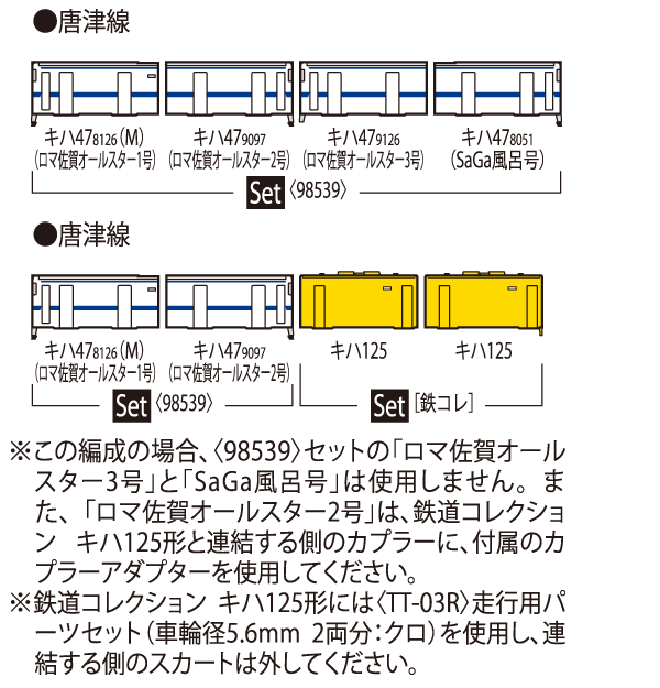 日本 JR キハ47-8000形+Kiha 125 Romancing SAGA 佐賀 六節特別版C （Tomix 98539 Plus)