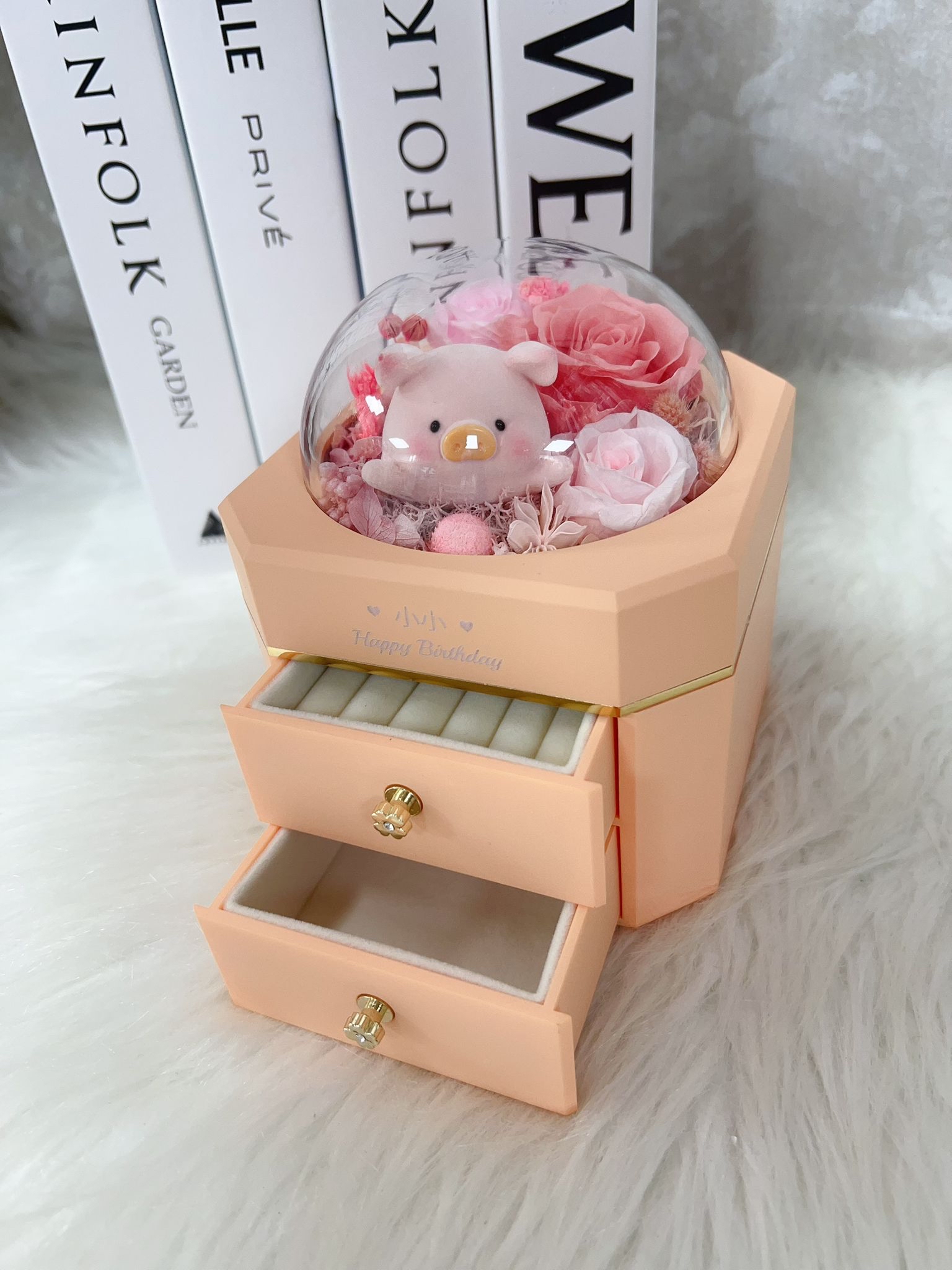 Lulu豬粉紅玫瑰永生花粉紅飾物盒