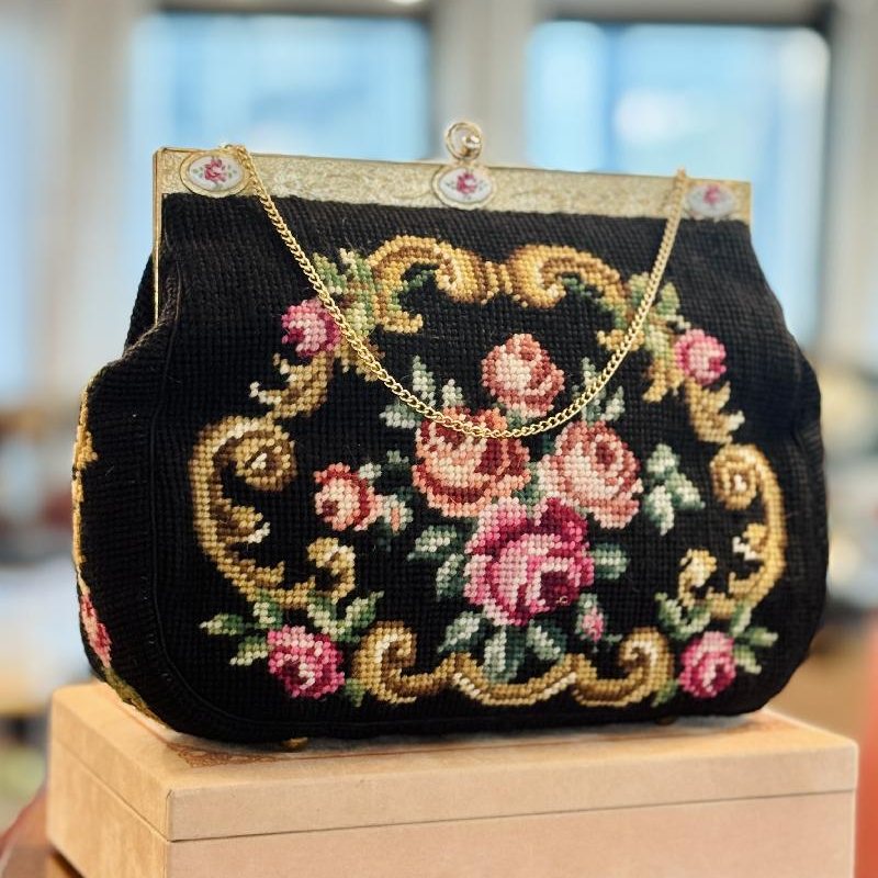 Vintage C.a. 1960s Hand-Stitched Floral Needlepoint Bag with Handpainted Rose Frame (MT2506)