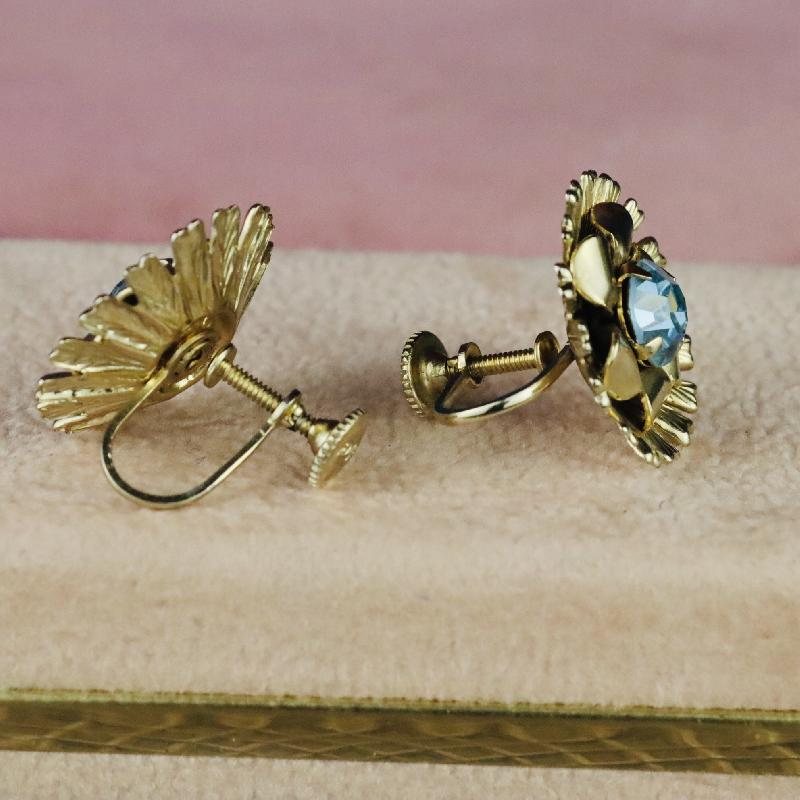 C.a. 1950s Coro Champagne Gold Tone Aqua Rhinestone Two Layered Floral Earrings /Screw-back Earrings (MT1447-10)