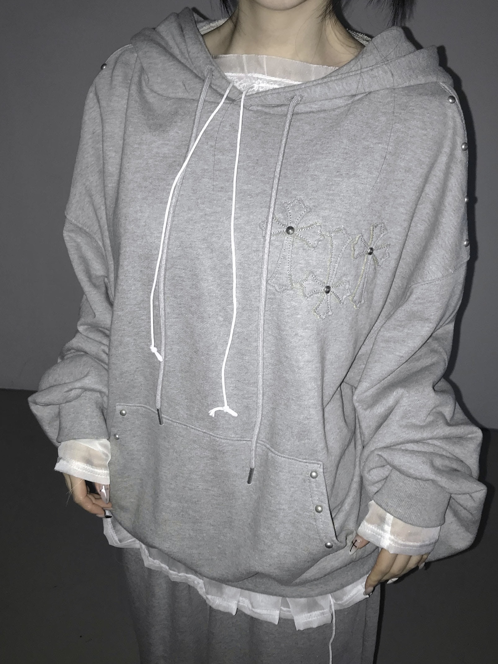 Studded Cross Patch Oversized Hoodie