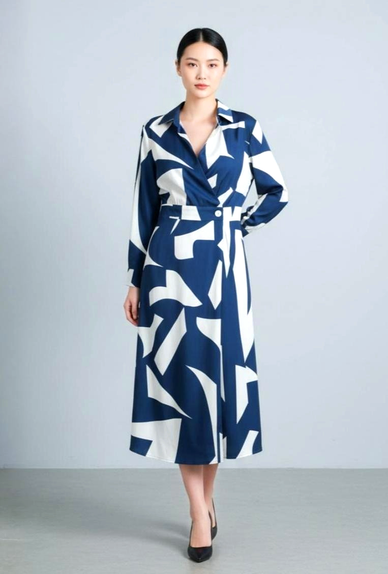 Printed Long Dress with Collar