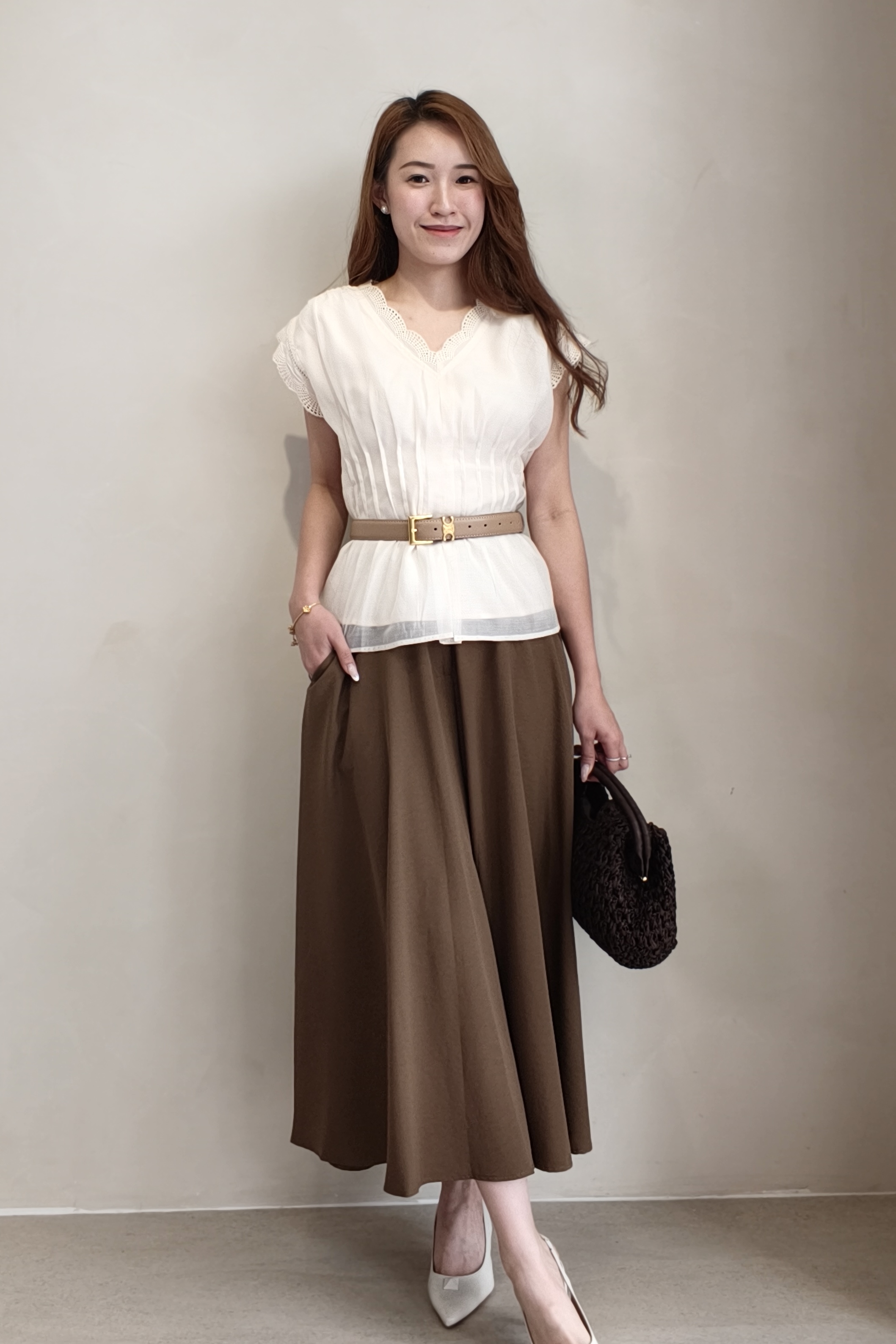 28034 Lace Trim Pleated V-Neck Blouse