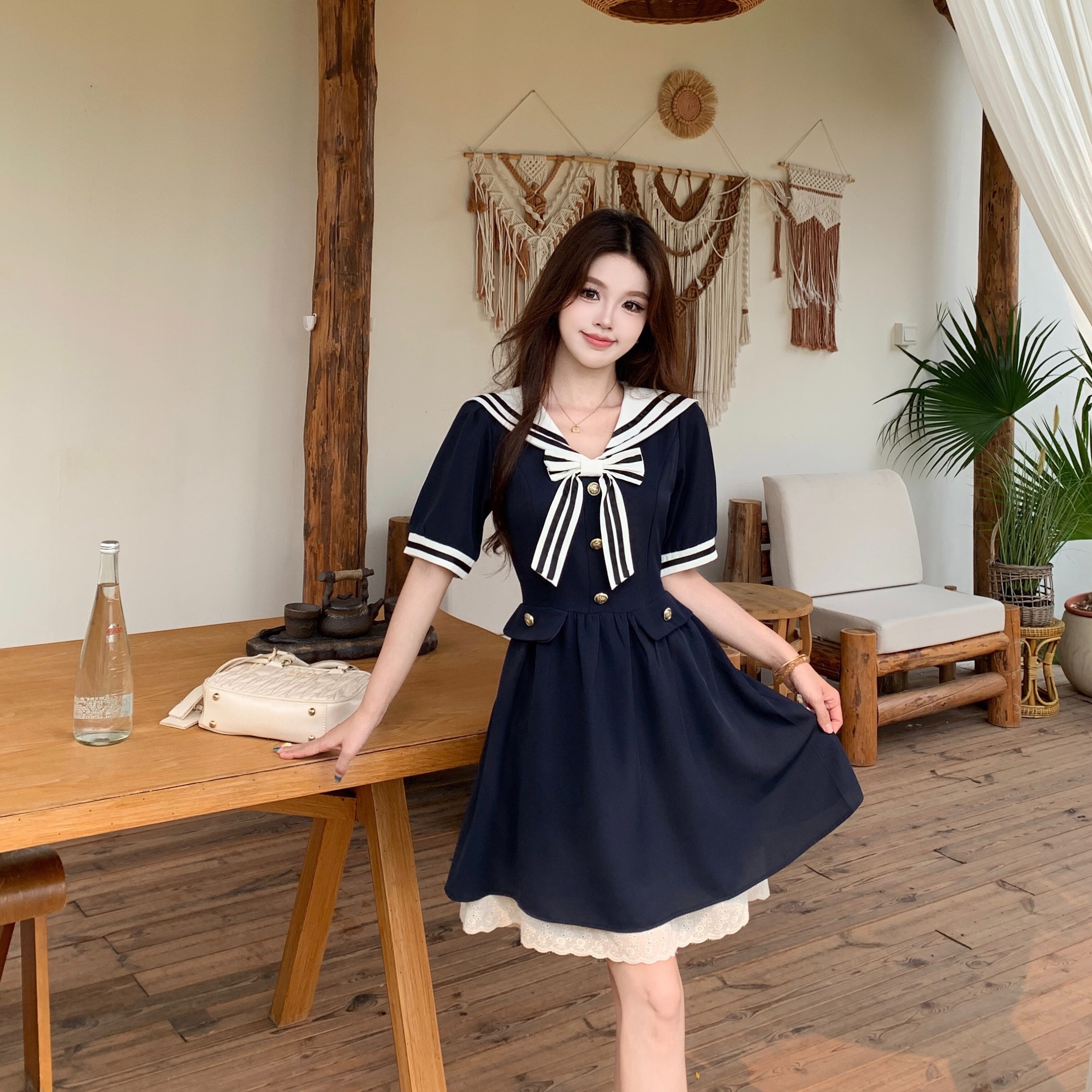 B171(8976短) 短款韩版复古学院风水手蝴蝶结领下摆A字蓝连身裙 