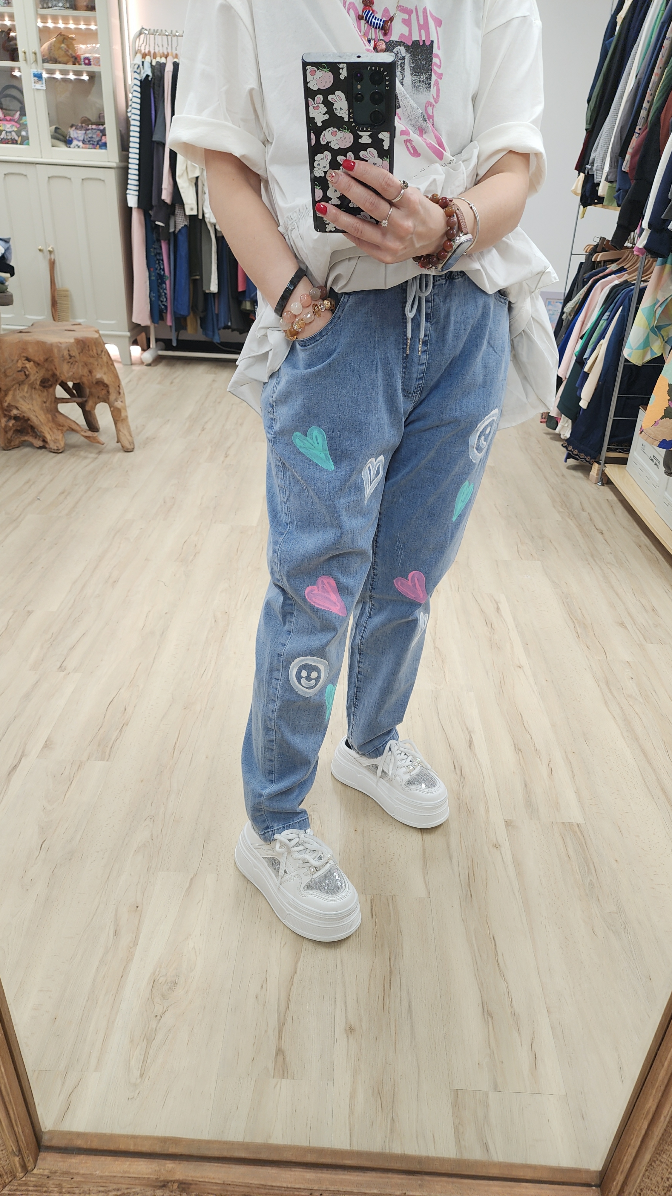 韓國淺藍哈哈笑心心印圖修腳橡筋牛仔褲