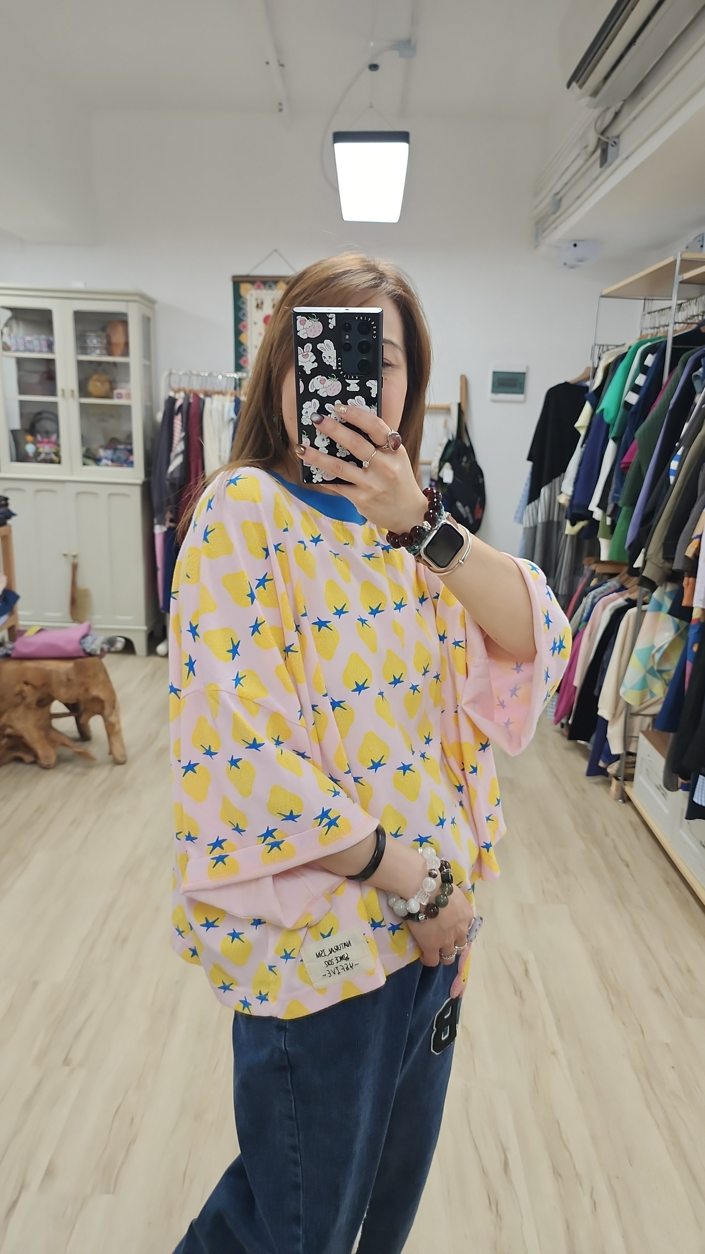 韓國粉紅拼黃士多啤梨圖案棉Tee