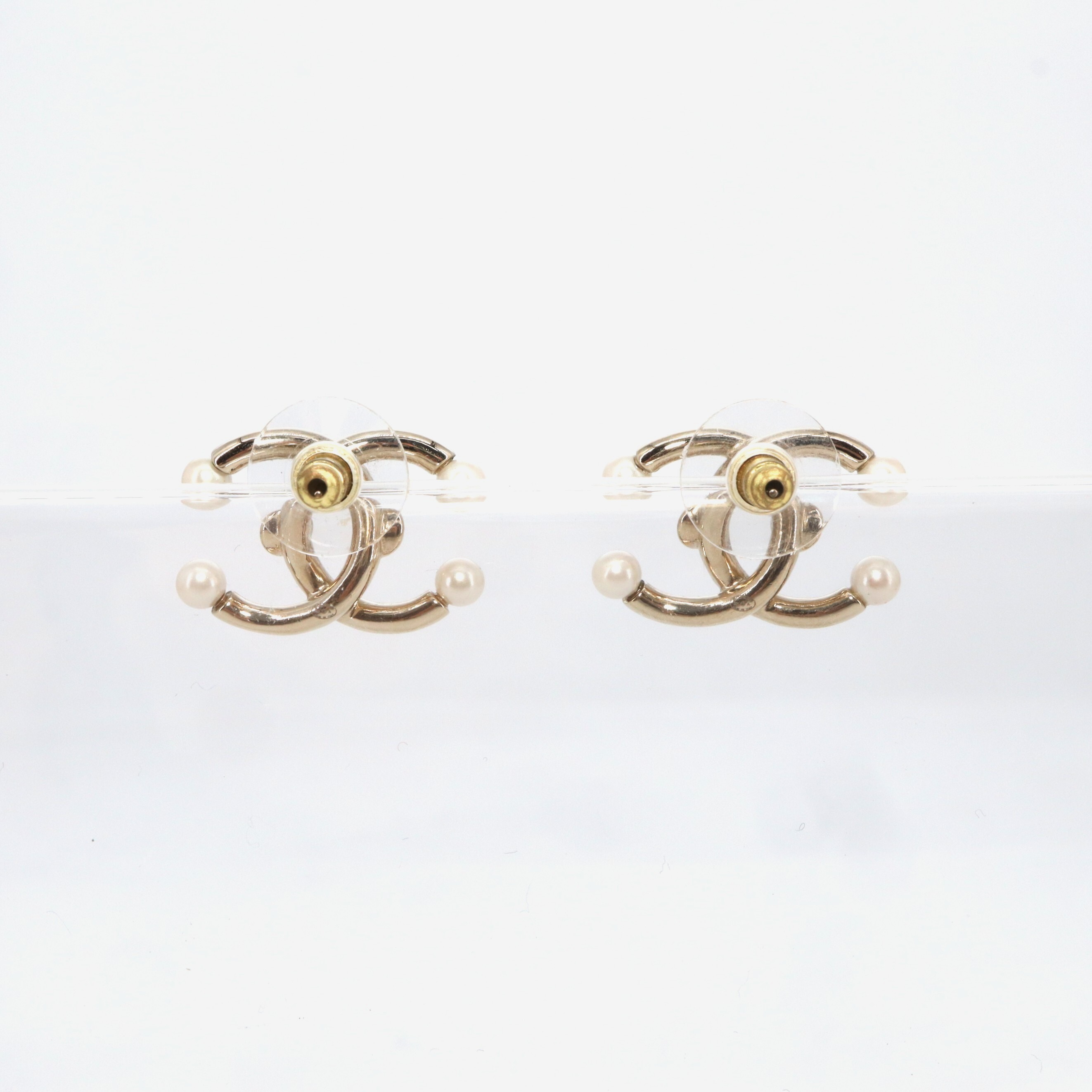 Chanel Coco Mark Rhinestone Faux Pearl Piercing Earrings
