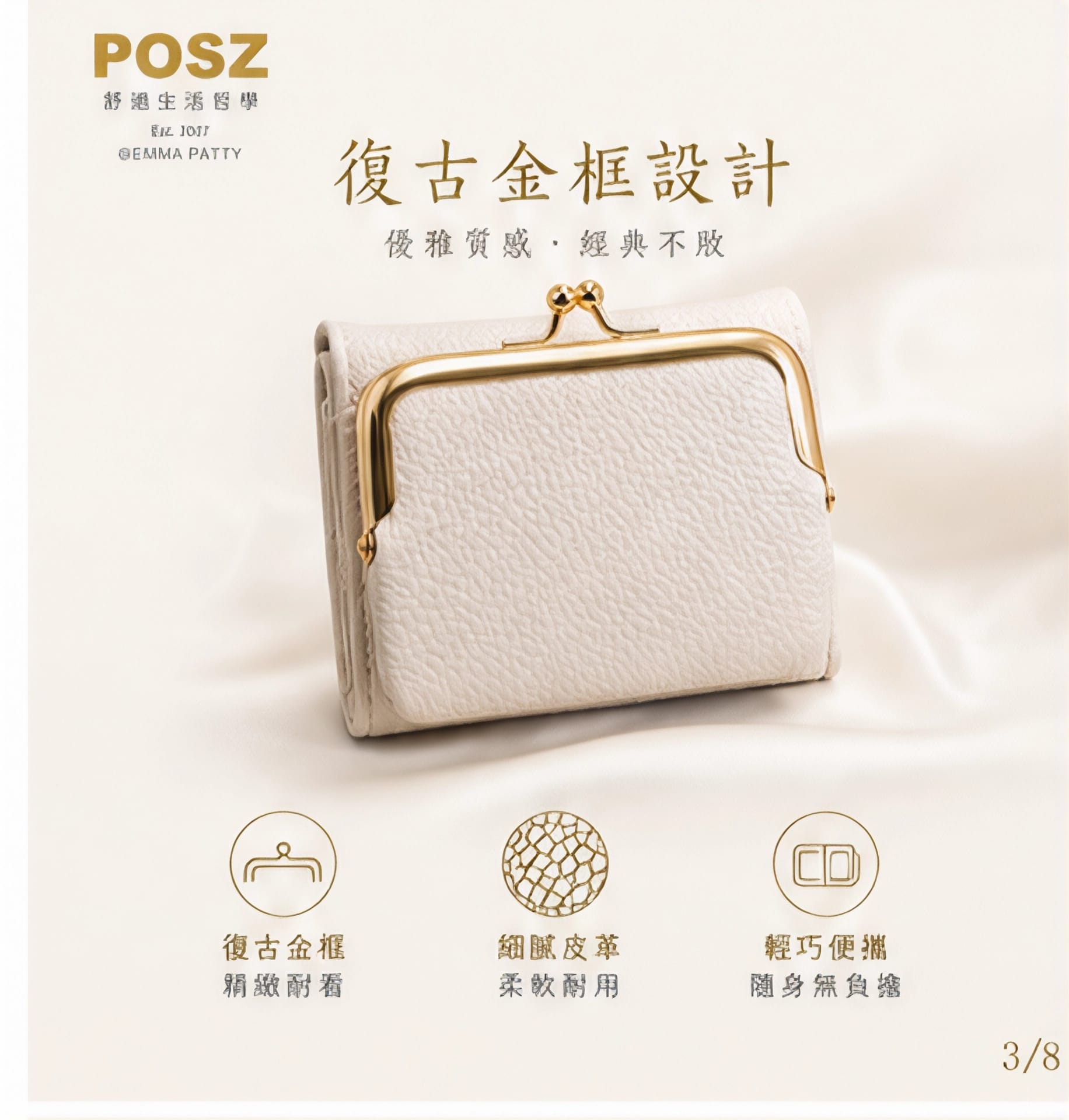 POSZ 復古金框三折零錢包
