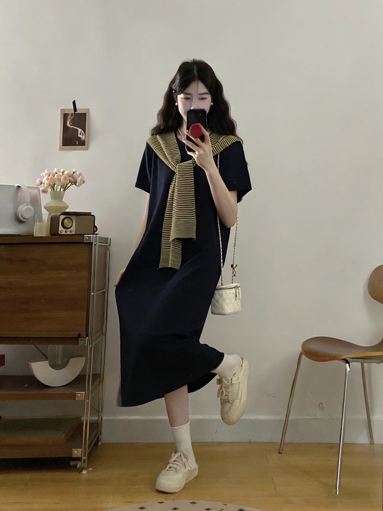 B219(6708) 韩版气质拼接蓝黄横纹披肩蓝针织连身裙