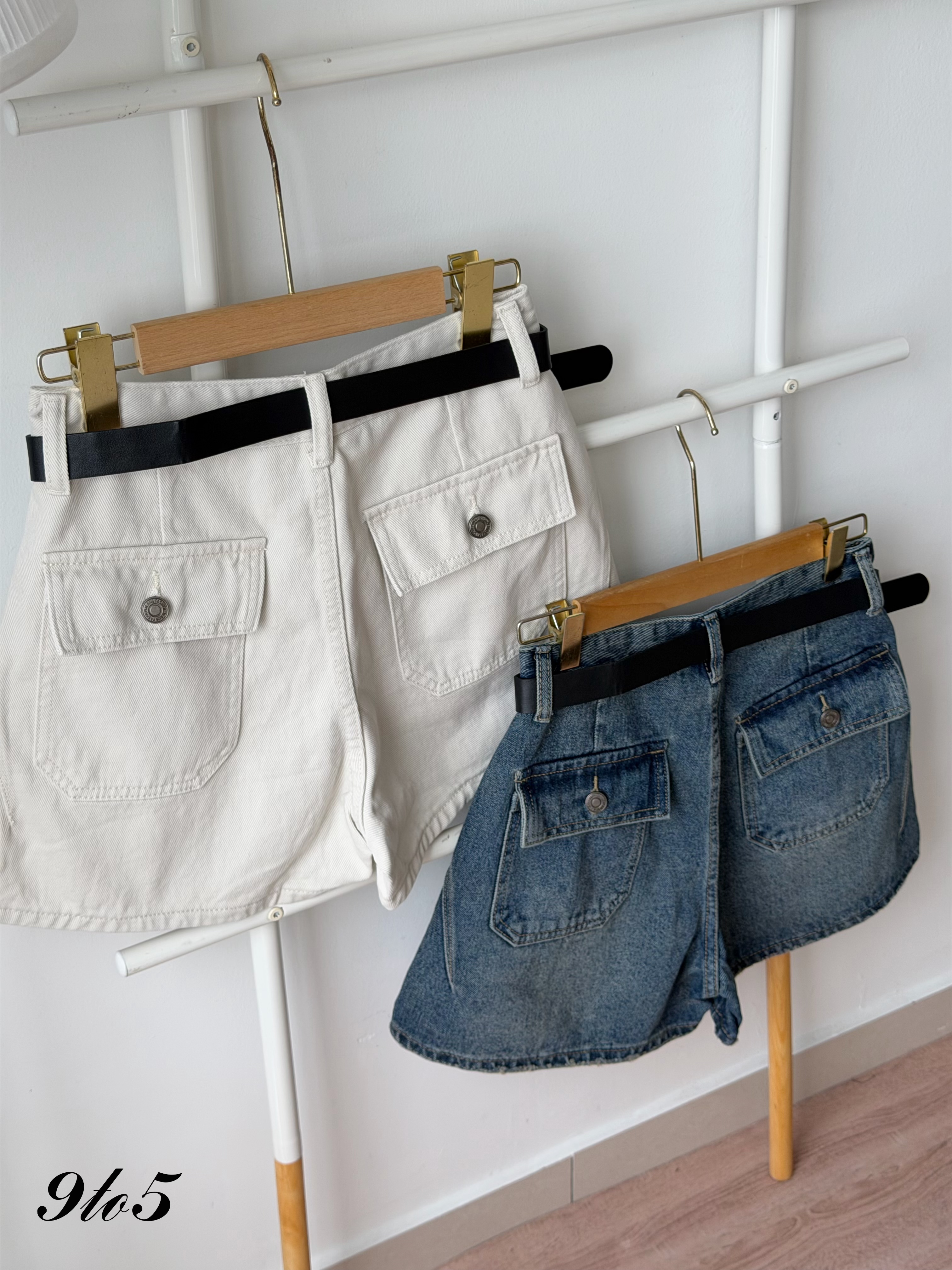 S2017 A Line Denim Short Pants - Beige & Blue