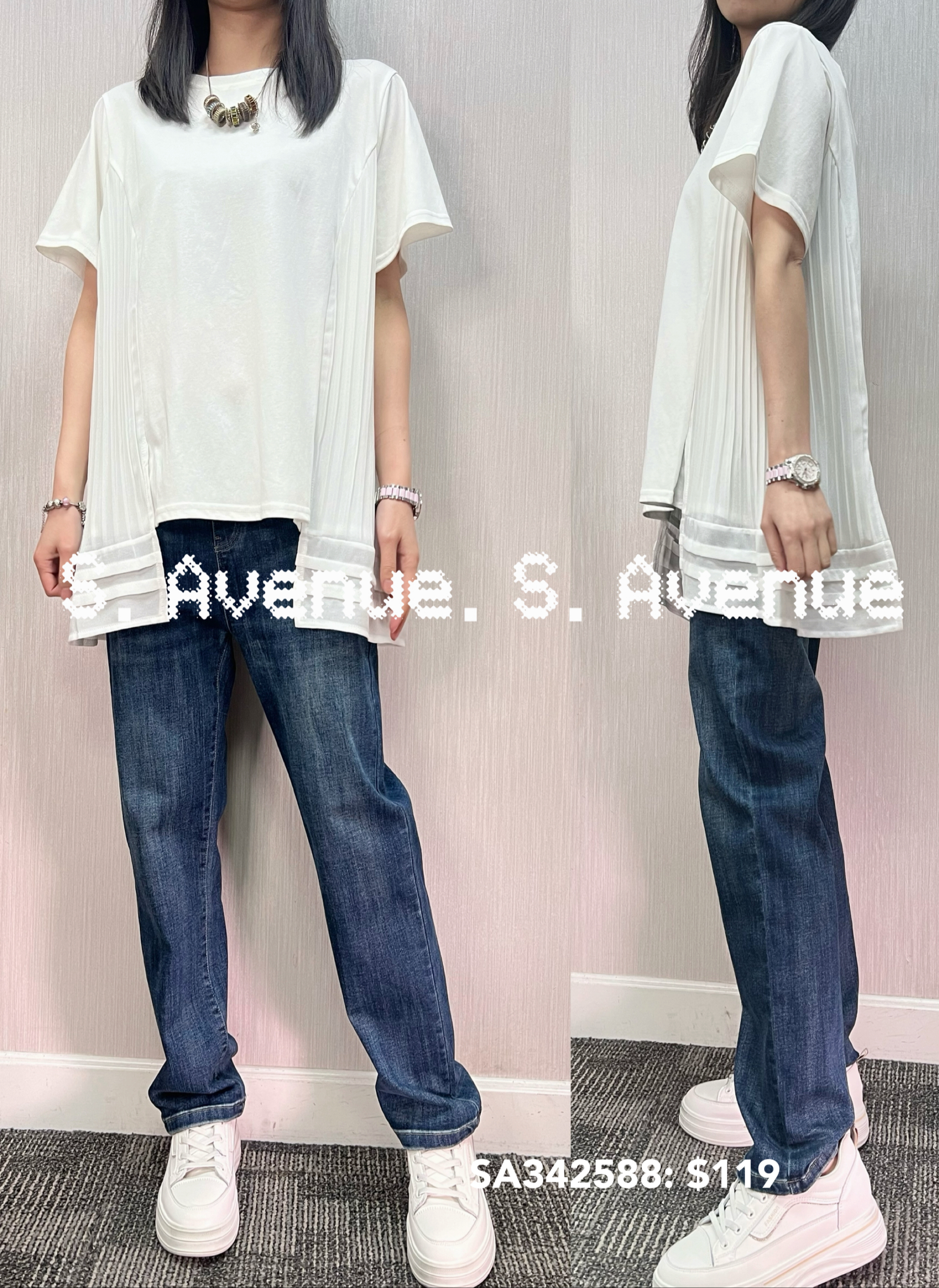 SA342588: 短袖側拼白色壓撍雪紡A字tee