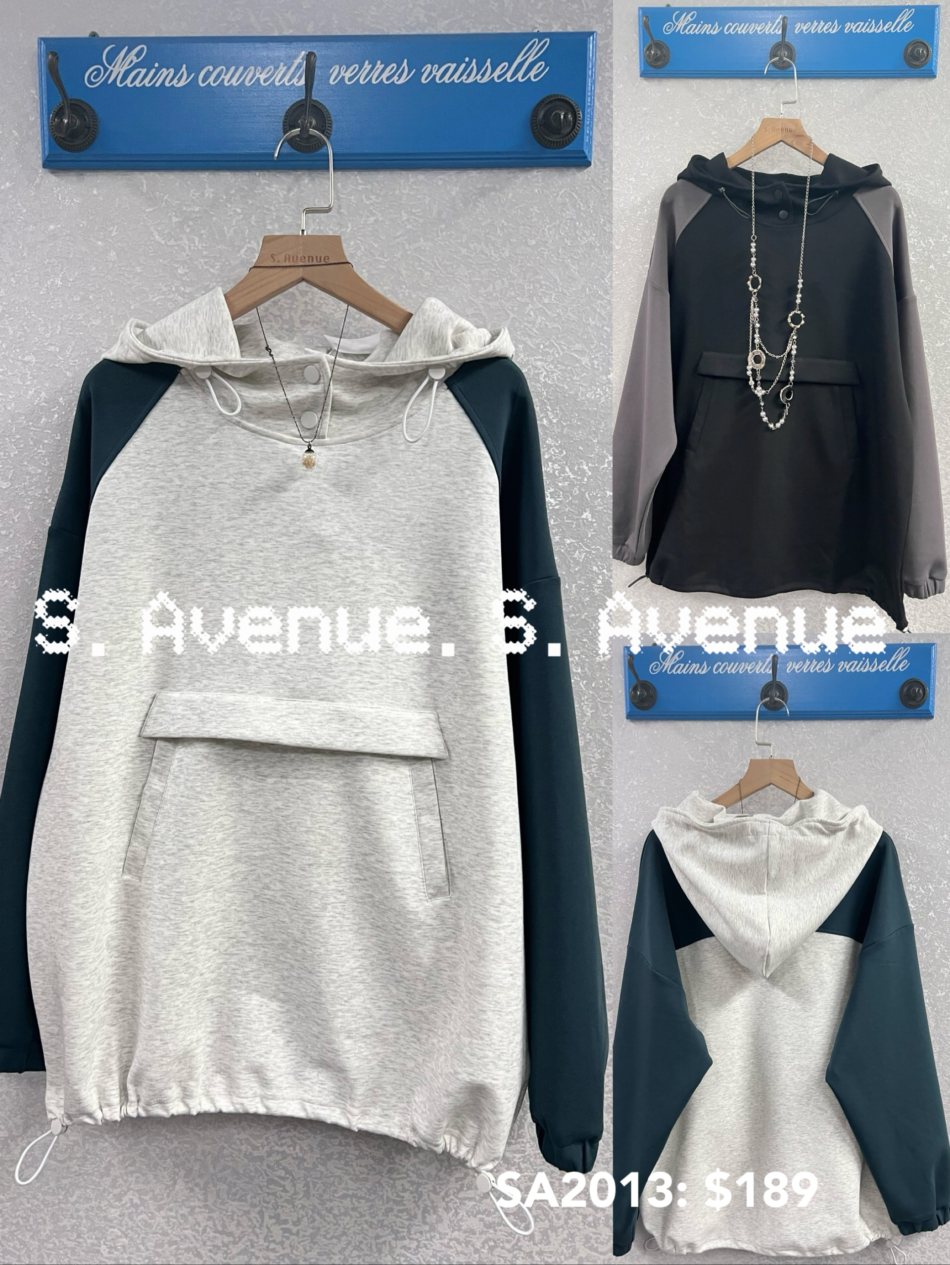 SA2013: 長袖有帽拼色前雙袋長tee