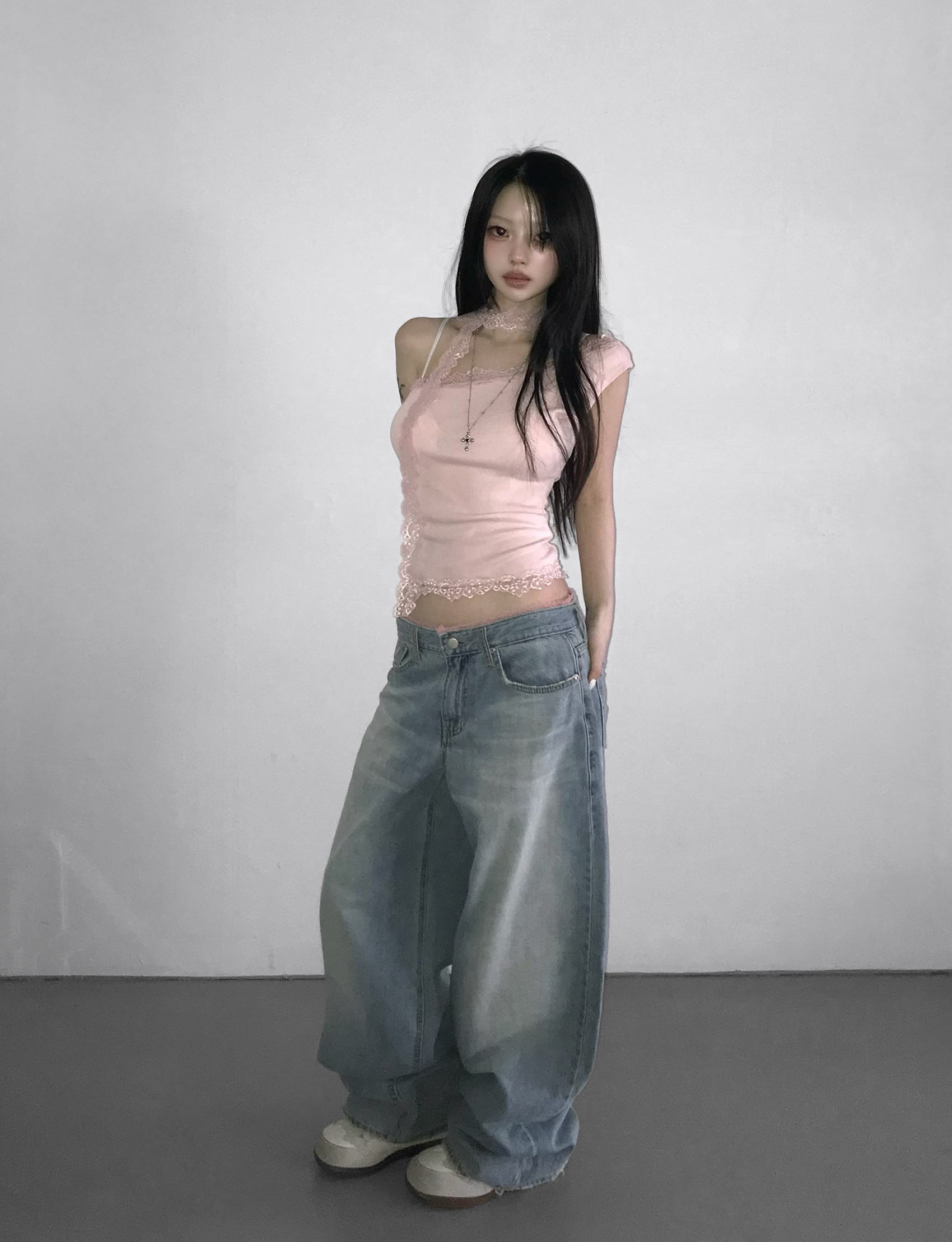 Lace Trim Layered Wide Leg Denim