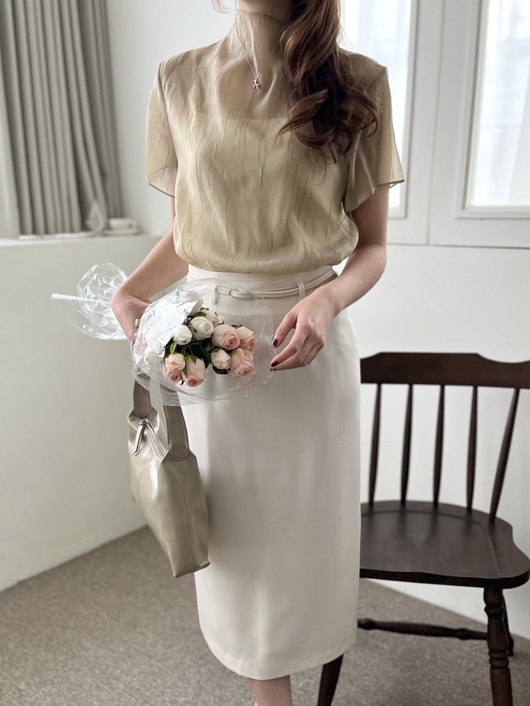 Airy Sheer Crinkle Top (Brown)