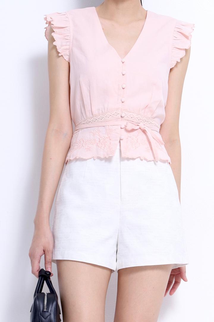 CB2758 Embroidered Ruffle Sleeve Waist-Tie Blouse