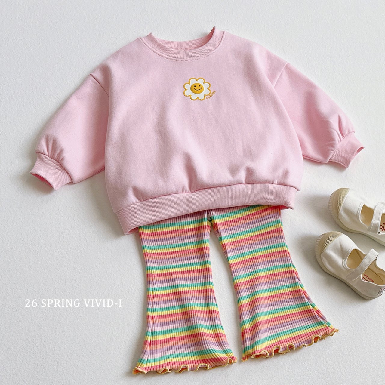 🌸預訂 韓國直送🌸🇰🇷VIVIDI兩色彩虹條紋花邊喇叭褲