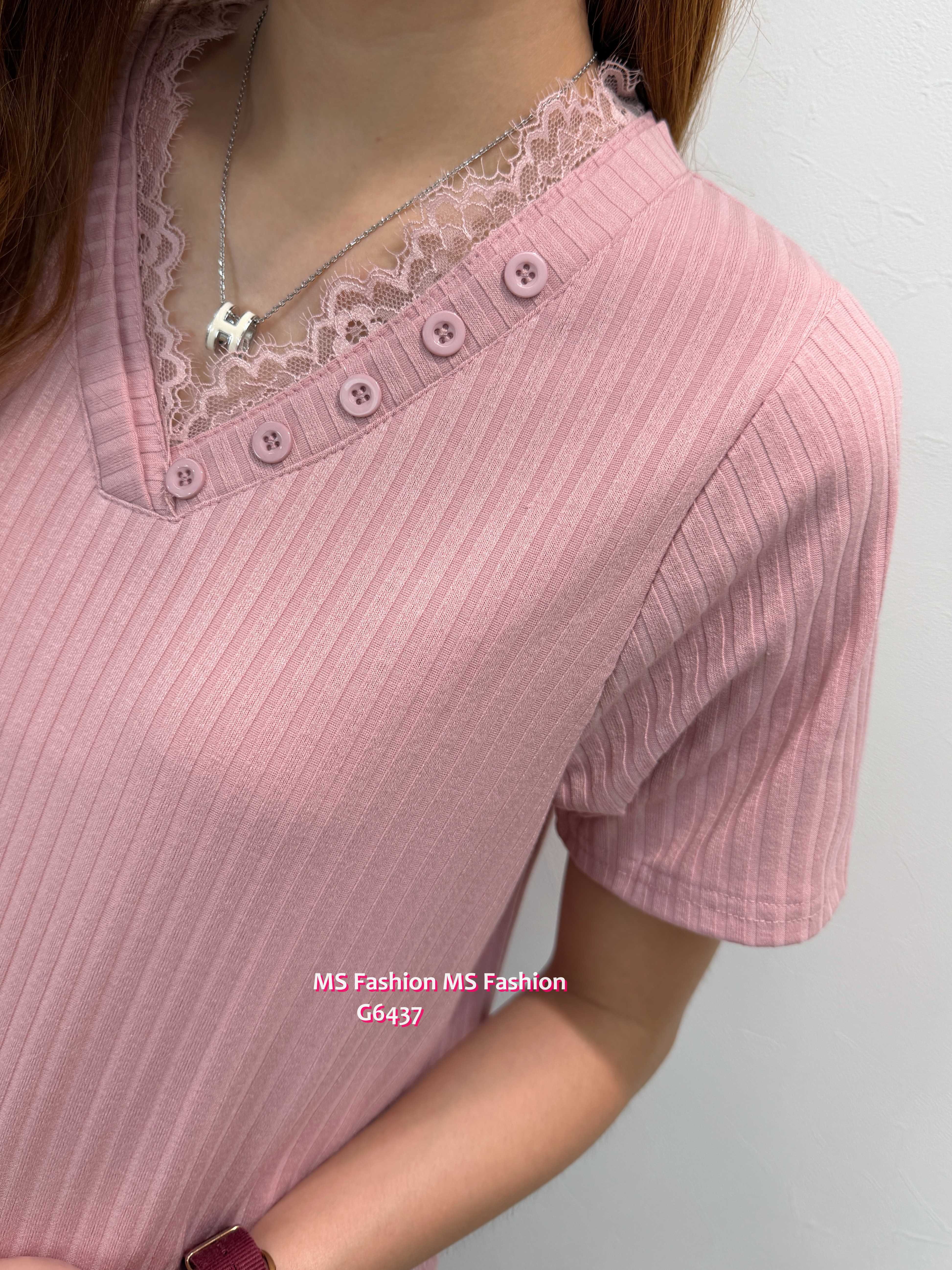 G6437 V領lace暗直紋top