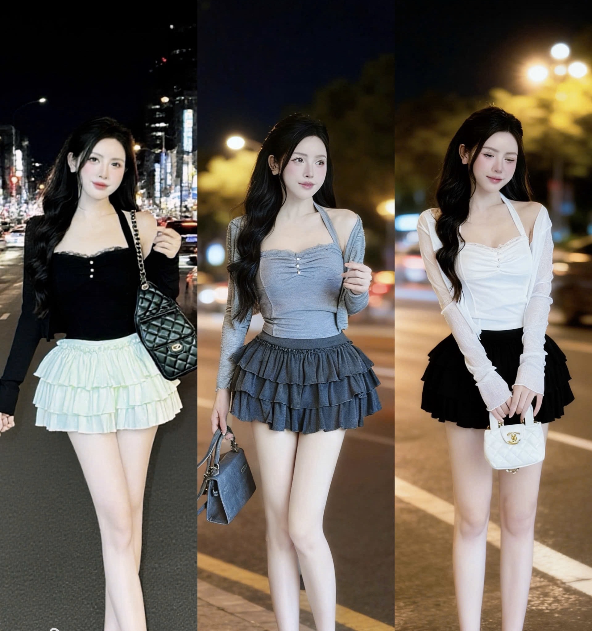 時尚層疊荷葉邊半裙和吊帶上衣三件套