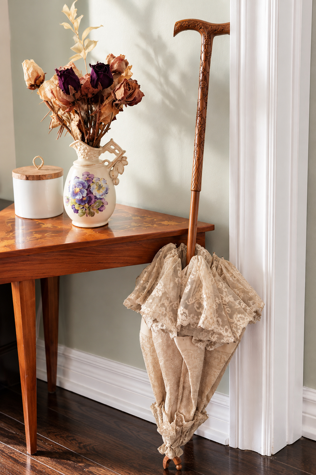 Antique Late Victorian/ Edwardian Lace Parasol with Carved Wooden Handle, c. 1890–1915 (MT2617)