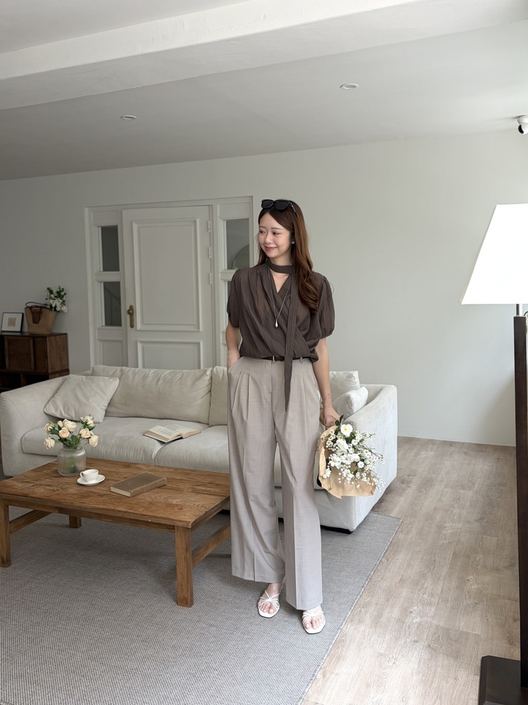 Louise Wrap Blouse with Tie (Brown)