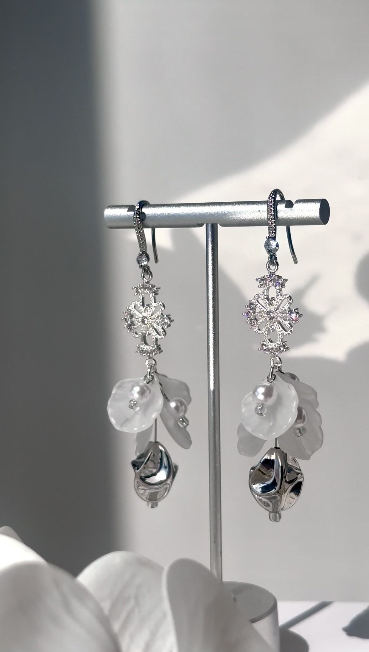 白金銀石花串耳環💍