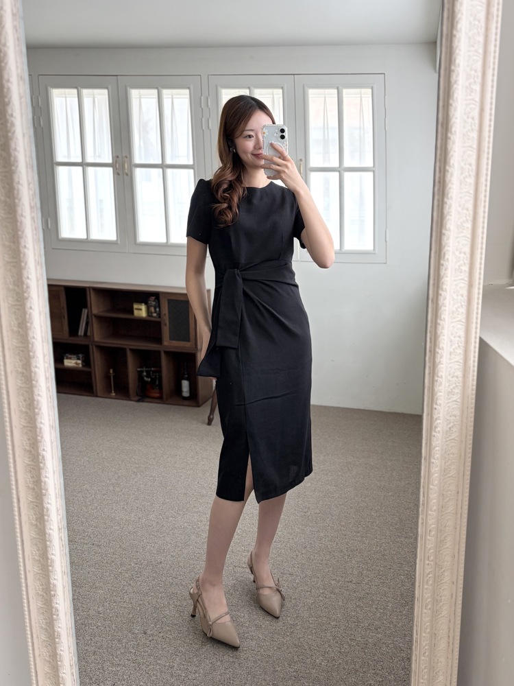 Elise Draped Slit Dress (Black)