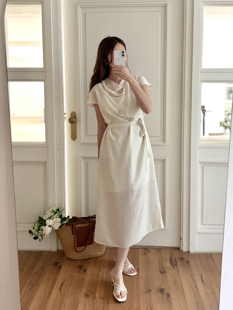 Draped Neck Dress with Inner Slip (Cream)