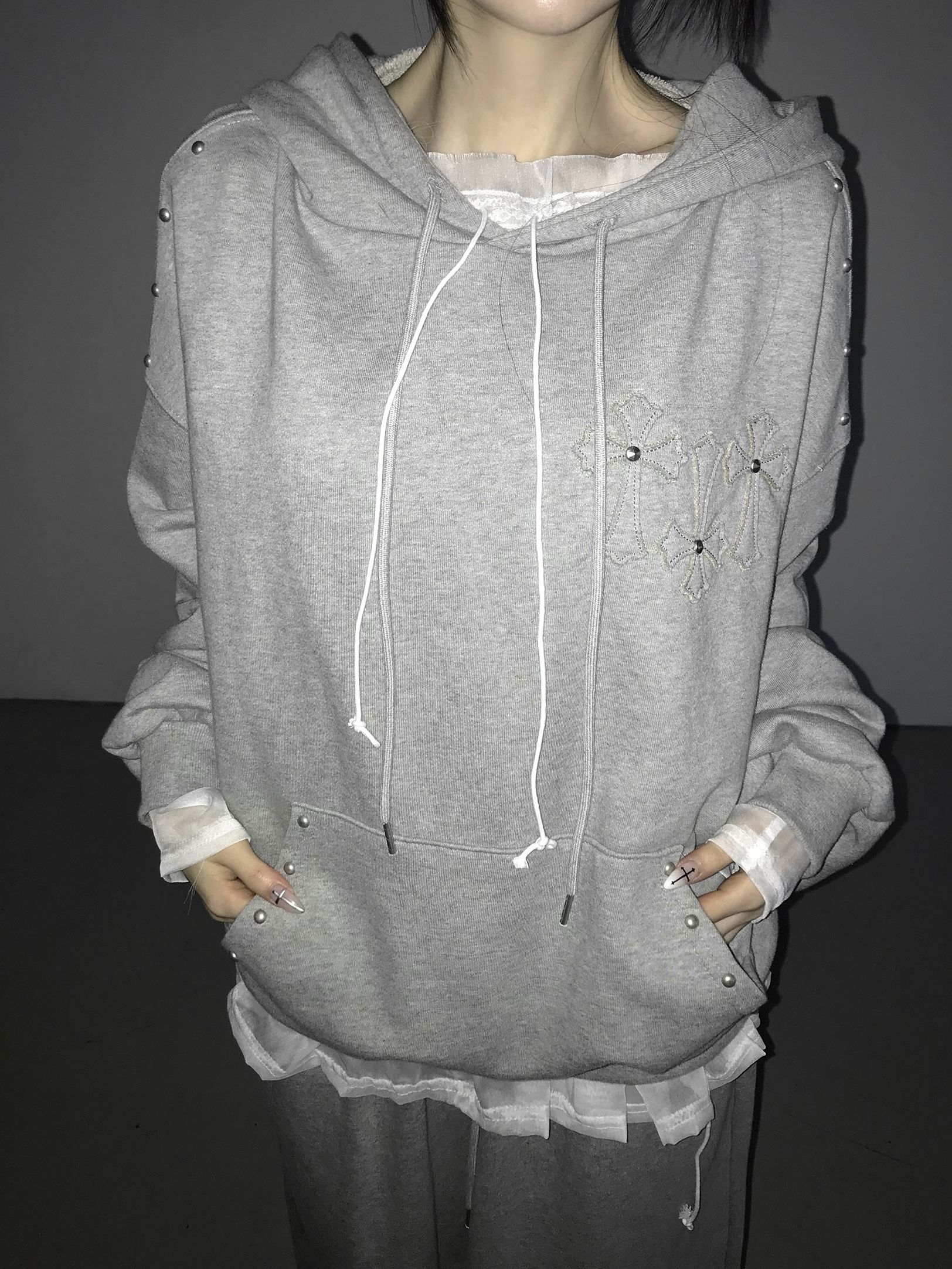 Studded Cross Patch Oversized Hoodie