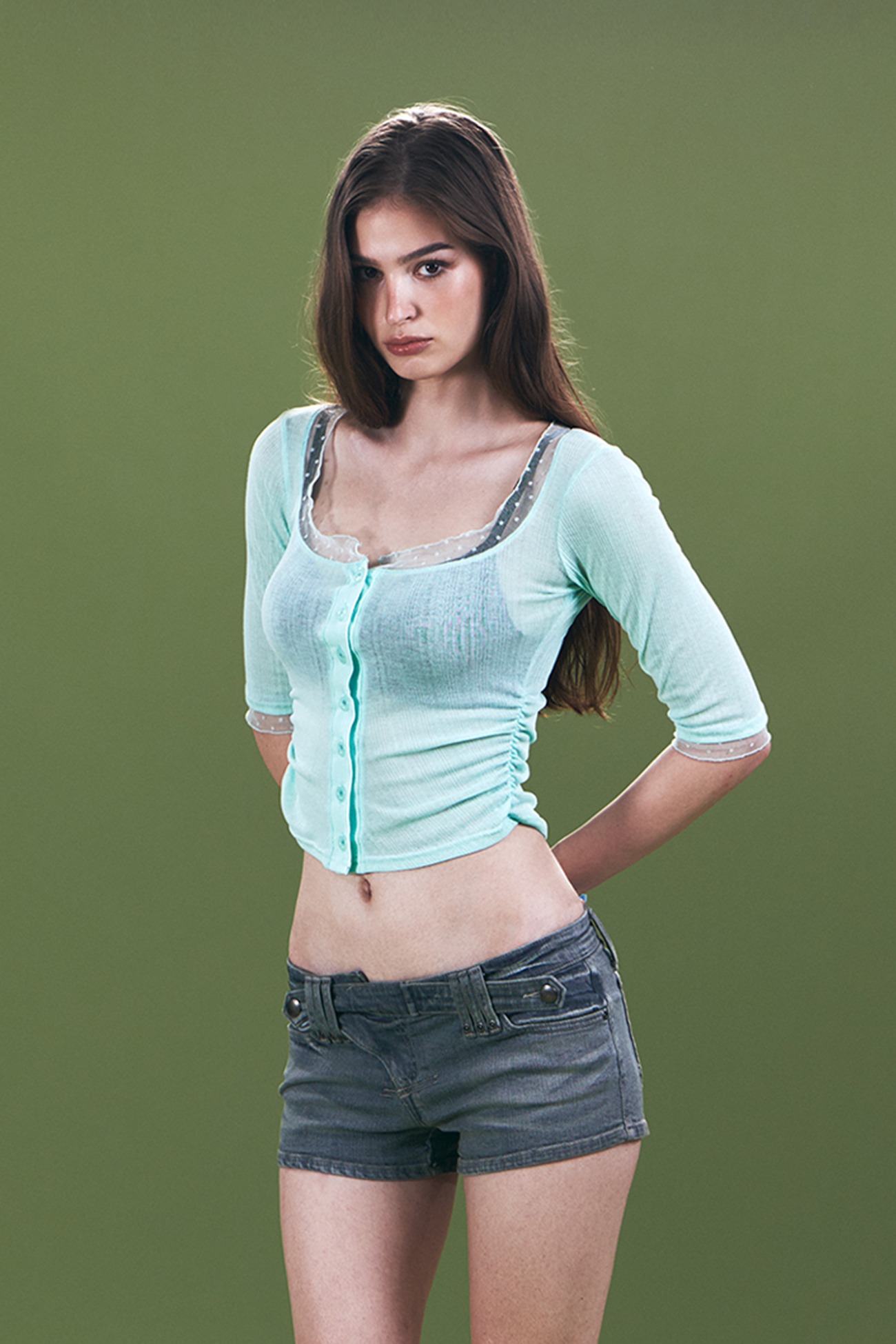 pleaseNOFOLLOW - Suri Lace Button Long Sleeve Top (Mint)