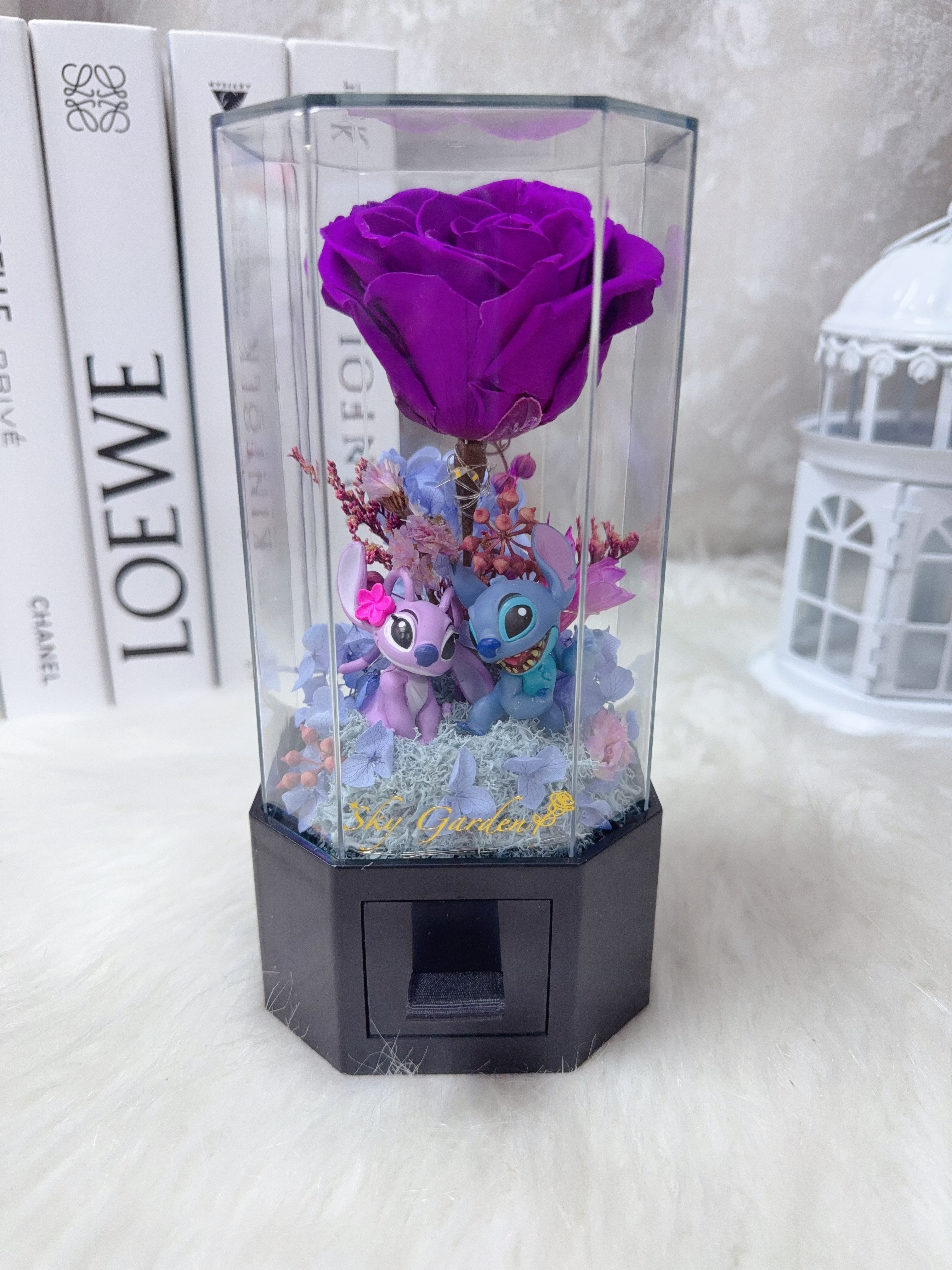 史迪仔&女朋友紫紅玫瑰永生花飾物盒花盒