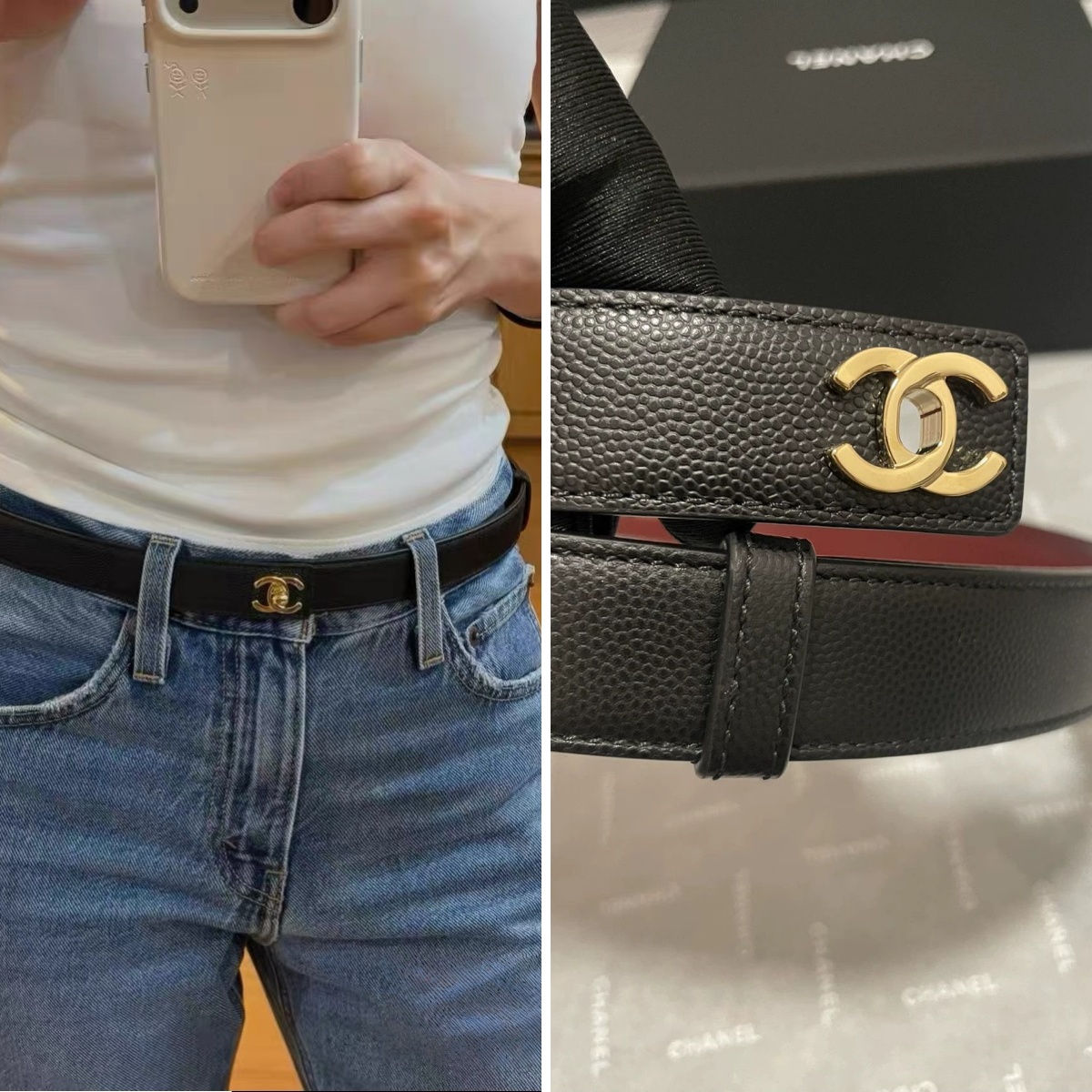 CHANEL Leather belt CC搭扣荔枝紋小牛皮腰帶