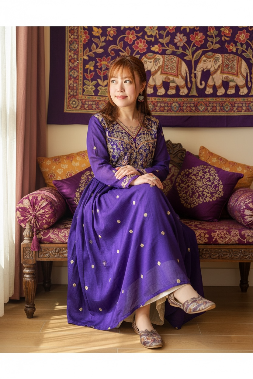 Iris Purple Gold Embrodiery V-neck Kurta 48" #1413