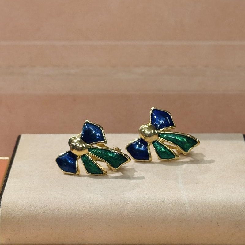 Vintage Enamel Blue and Green Ribbon Bow Clip Earrings from Germany (C042)