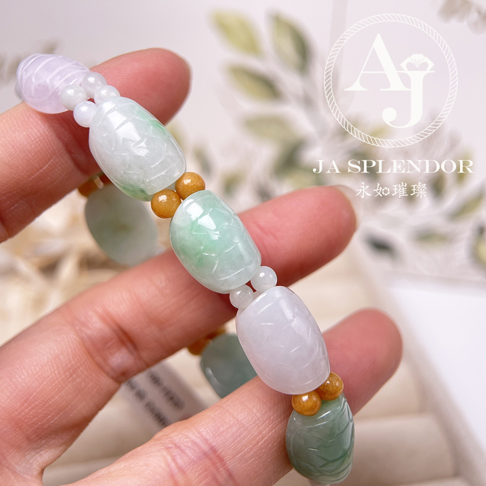 OF-06-B 天然翡翠A玉 - 冰潤三彩長壽吉祥龜貝手串