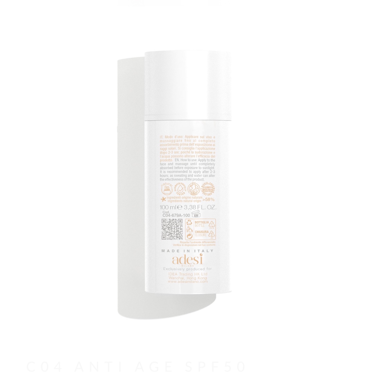 C04 防曬SPF50  100ml adesi 意大利🇮🇹貴婦級天然有機品牌【於直播優惠期內購買 S01抗痘平衡精華/ S02 強效美白精華／C01  24小時抗老緊緻面霜 / C02 天然美白乳霜/ C04 防曬SPF50】 即可用$100加購下列三款產品其中一款 , 購買一支可加購一支，多買加購限額越多